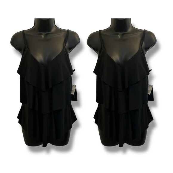 Set of 2 NWT Aqua Green Black Tiered Tankini Tops Women’s Size L 12/14 Swim - Picture 1 of 16